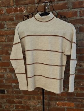Women’s Cream Turtleneck Sweater with Brown Stripes